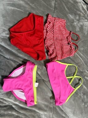 Red & Pink Girls' Bikini and Swim Top Set - Gingham & Neon Trim